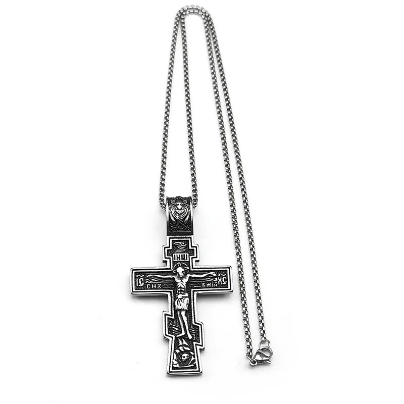 Eastern Orthodox Cross Jesus Pendant Necklace For Women Men Stainless Steel Silver Color Dark Punk Male Chain Jewelry
