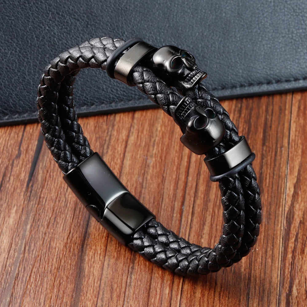 Multi-layer Bracelet Punk Stainless Steel Charm Magnetic Black Men's Leather Bracelets Skull Braided Bangles Jewelry
