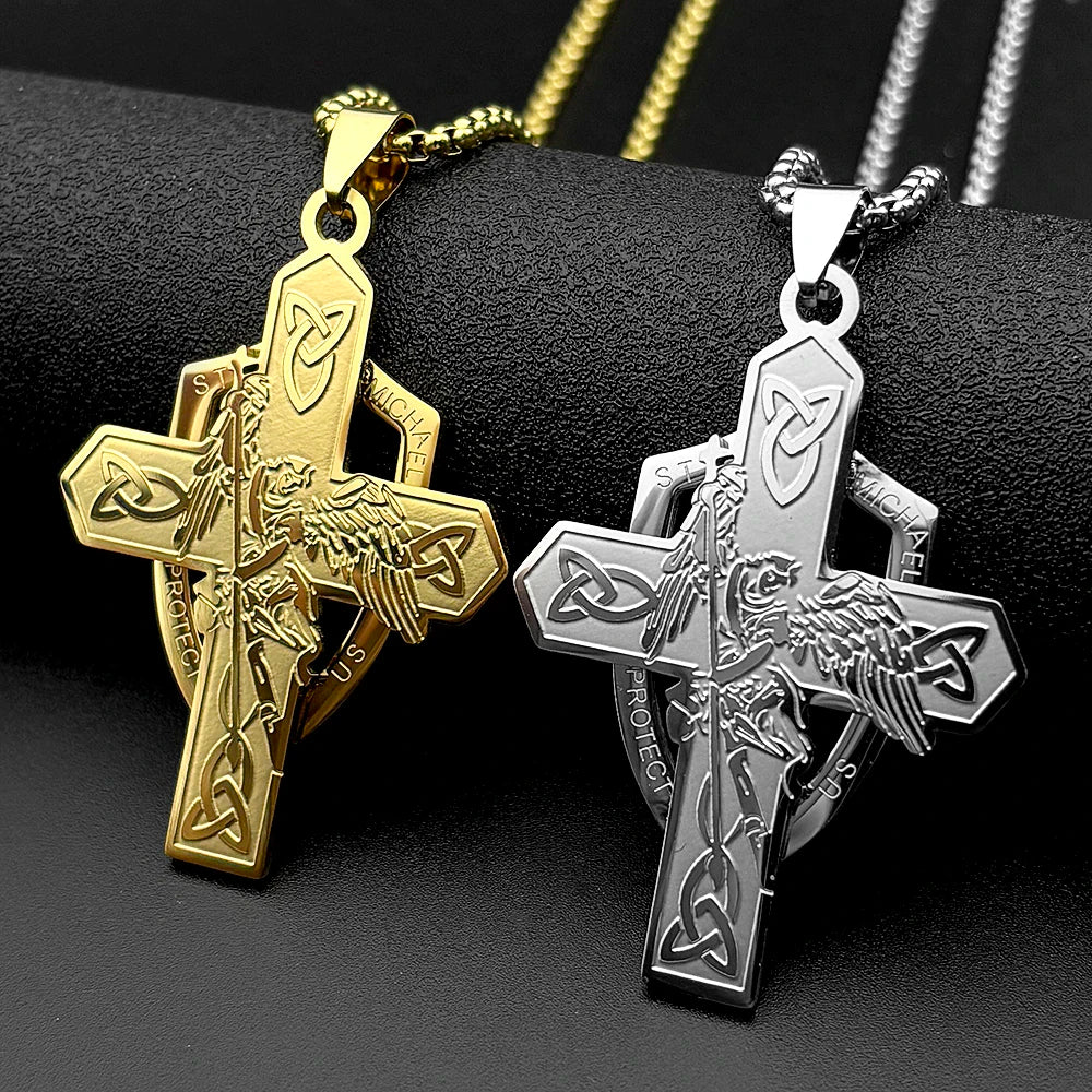 Archangel St.Michael Protect Us Shield Celtic Knot Cross Pendant Necklace Stainless Steel Saint Michael Amulet Chain