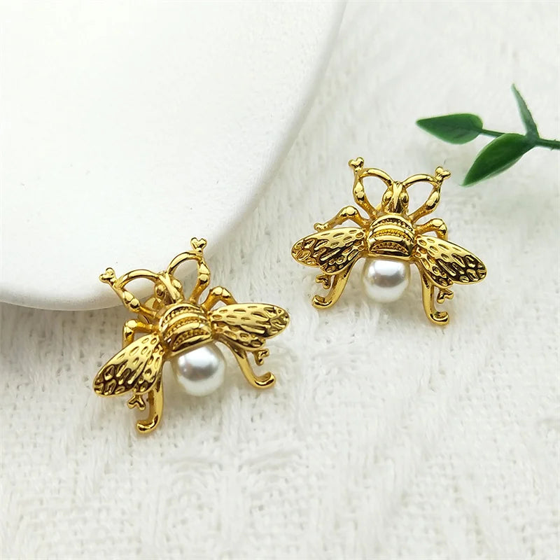 Gold Bee Pearl Stud Earrings — Stainless Steel