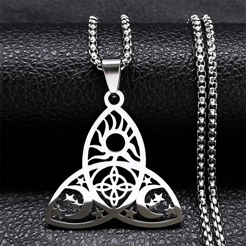 Wicca Celtic Knot Triple Moon Goddess Necklace Stainless Steel Gold Color Witch Amulet Chain Necklaces Pagan Jewelry