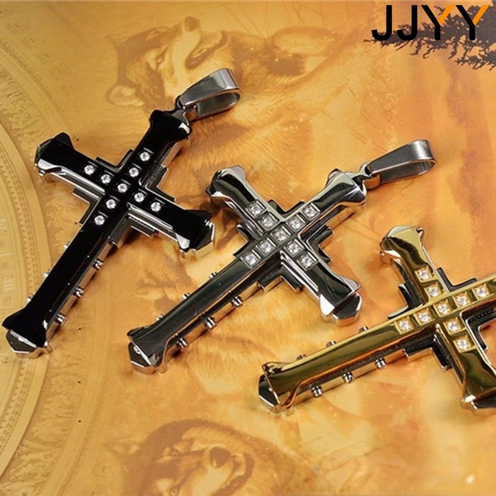 Stainless Steel Cross Pendant Necklace for Men Silver Gold Black Zirconia Jesus Cross Jewelry
