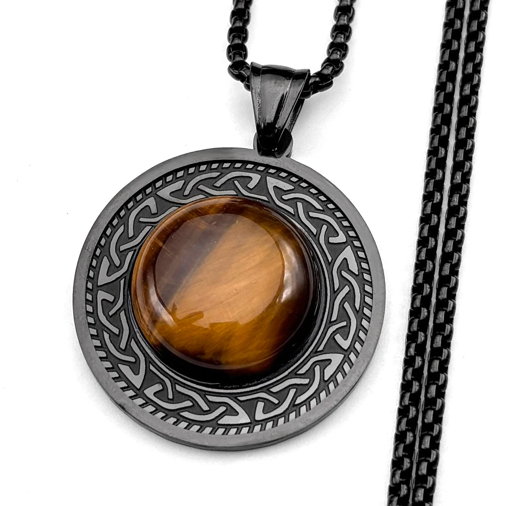 Celtic Knot Tiger Eye Pendant Necklace — Gold-Tone
