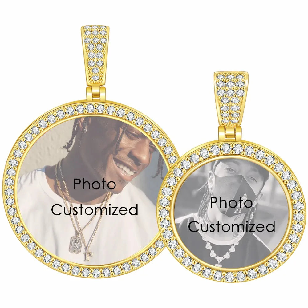 Large Round Photo Customized Pendant Necklace For Women Men Full Zirconia Neck Chain Hiphop Jewelry Memory Couple