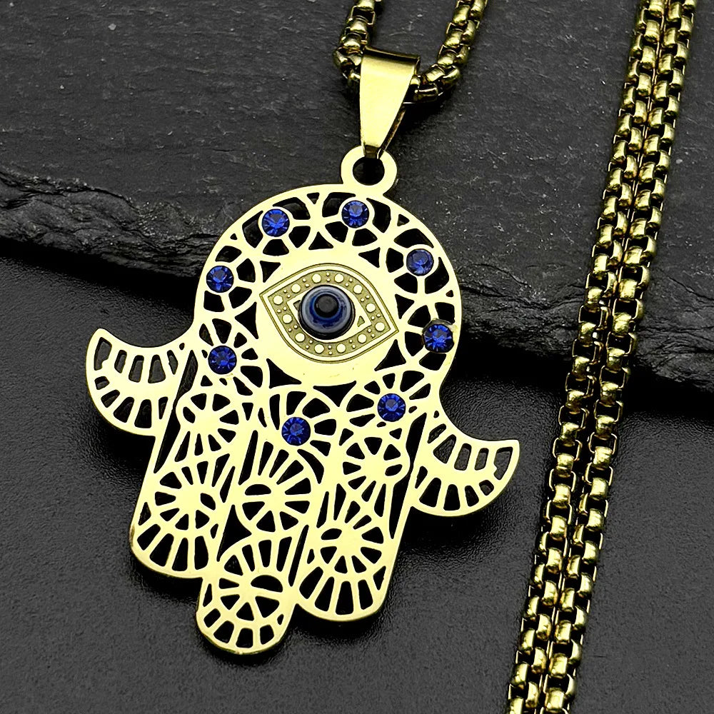 Turkish Evil Eye Hamsa Hand Necklace — Blue CZ, Stainless Steel