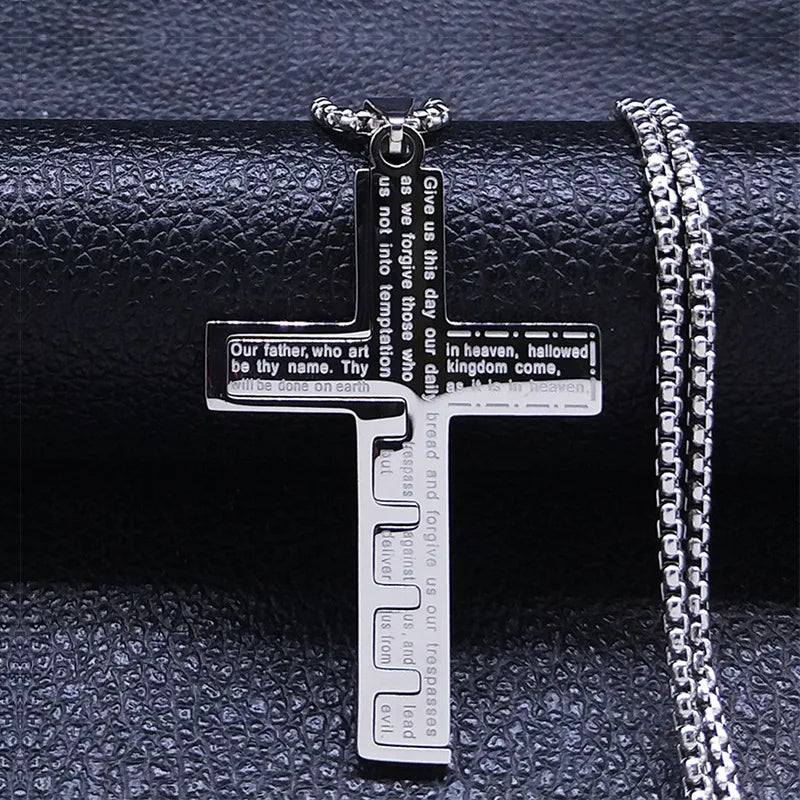 HNSP Stainless Steel Splice Bible Cross Pendant Necklace For Men Religion Christian Jewelry Accessories