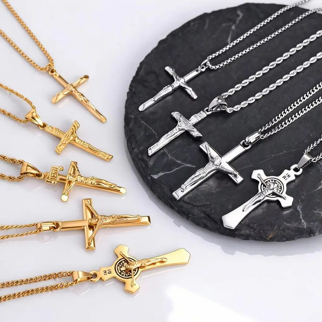 Stainless Steel Catholic Cross Necklace for Men,St. Benedict's Catholic Crucifix Pendant Necklace,Religion Gothic