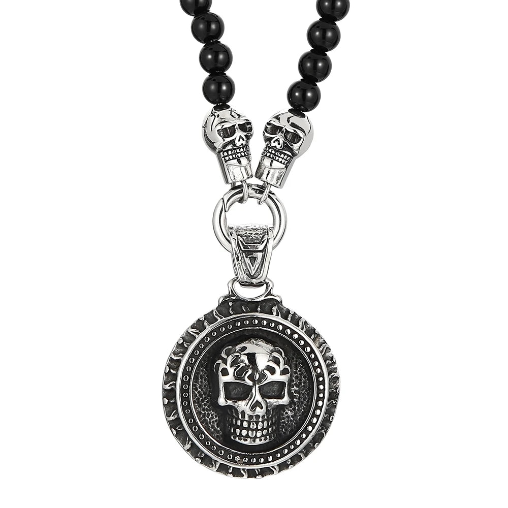 Men's Steampunk CZ Skull Face Head Pendant Necklace For Man 8MM Width 50CM Long Agate Stone Beads Chain Stainless Steel