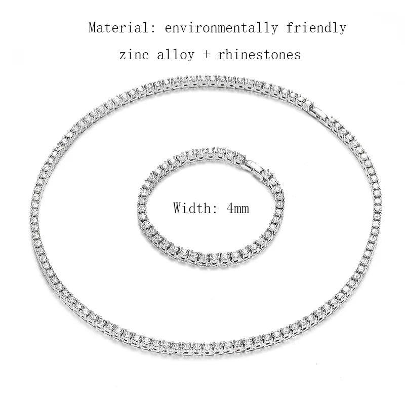 Hip Hop Iced Out Tennis Bracelet Necklace Men 4mm Tennis Chain Fashion Gold Color Jewelry Women Link 18/20inch Choker