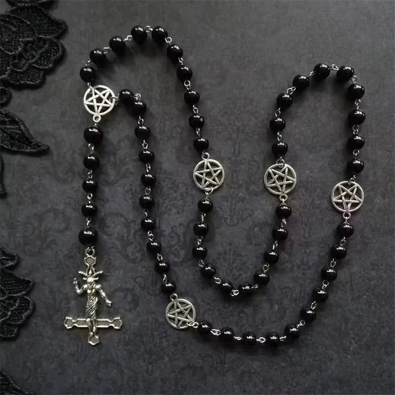 Baphomet Pentagram Cross Necklace — Black Metal