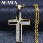 Catholic Open Cross Rhinestone Pendant Necklace — Stainless Steel