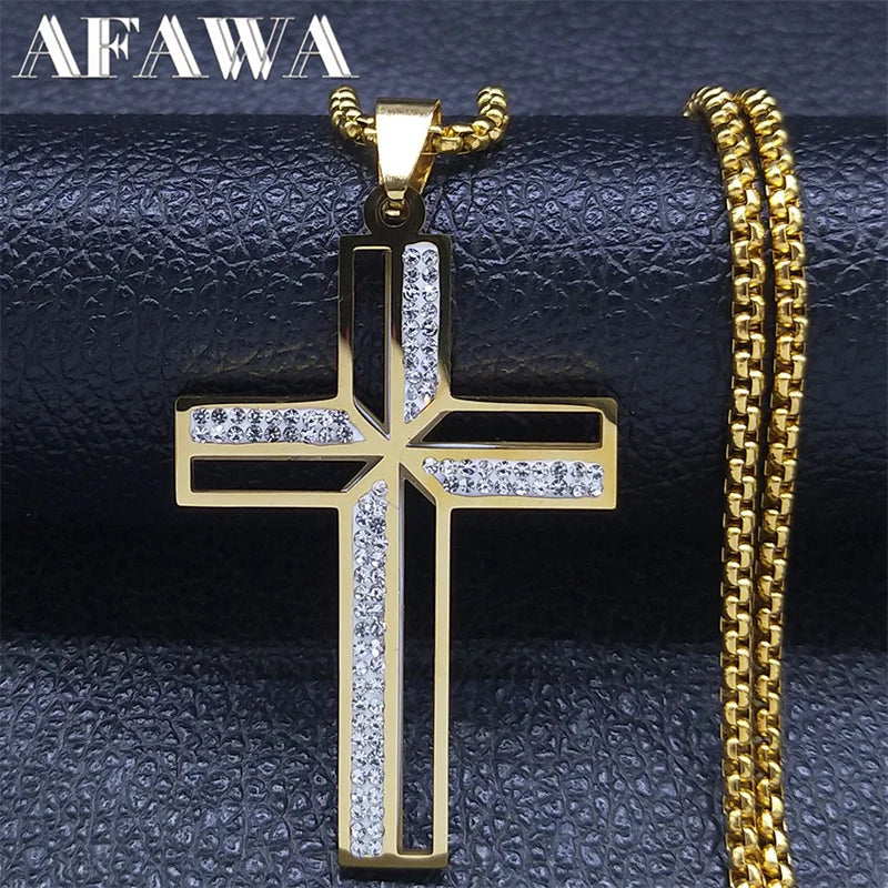 Catholic Open Cross Rhinestone Pendant Necklace — Stainless Steel