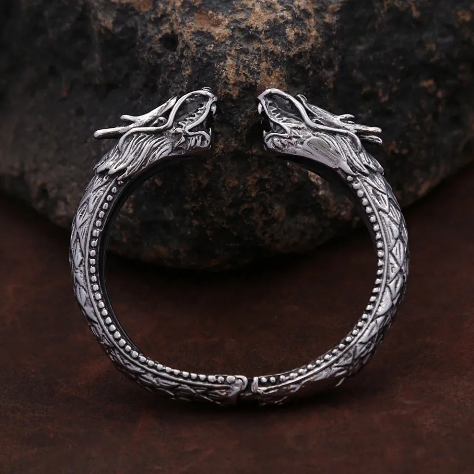 New Vintage Double Dragon Head Bracelets For Men Punk Hip Hop Biker 316L Stainless Steel Vikings Animal Bracelet Amulet