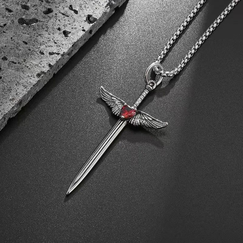 Gothic Fallen Angel Sword Wings Pendant Necklace — Zinc Alloy