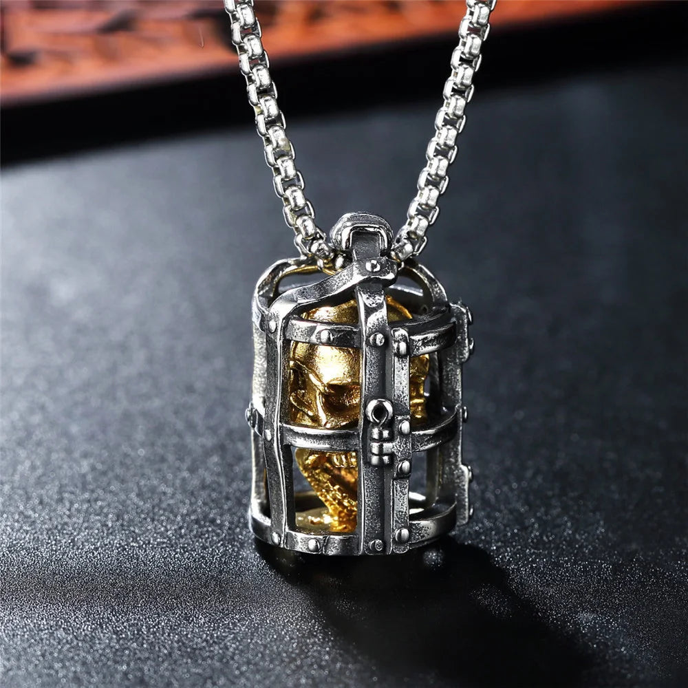 Gothic Cage Skull Pendant Necklace — Gold-Tone, Stainless Steel