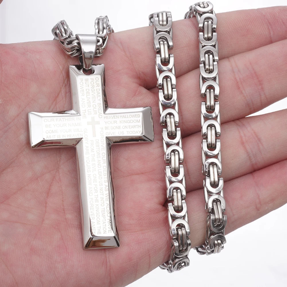 Bible Cross Pendant Necklace Byzantine Chain — Stainless Steel