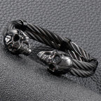 Biker Men's Skull Wristband Heavy 316L Stainless Steel Punk Bracelet Open Bangle Double Gothic Skeleton Head for Rock