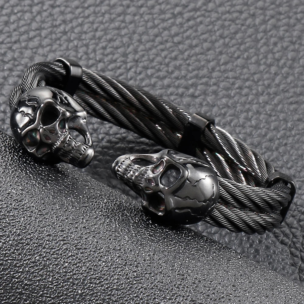 Biker Men's Skull Wristband Heavy 316L Stainless Steel Punk Bracelet Open Bangle Double Gothic Skeleton Head for Rock