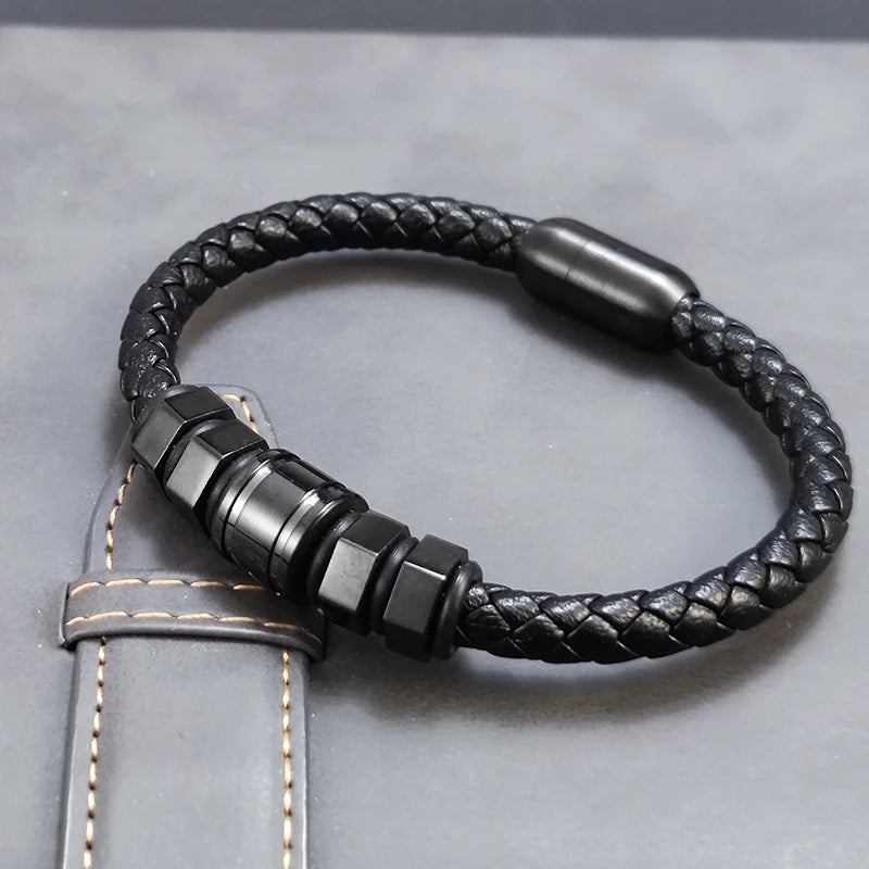 Hexagonal Leather Woven Bracelet — Stainless Steel