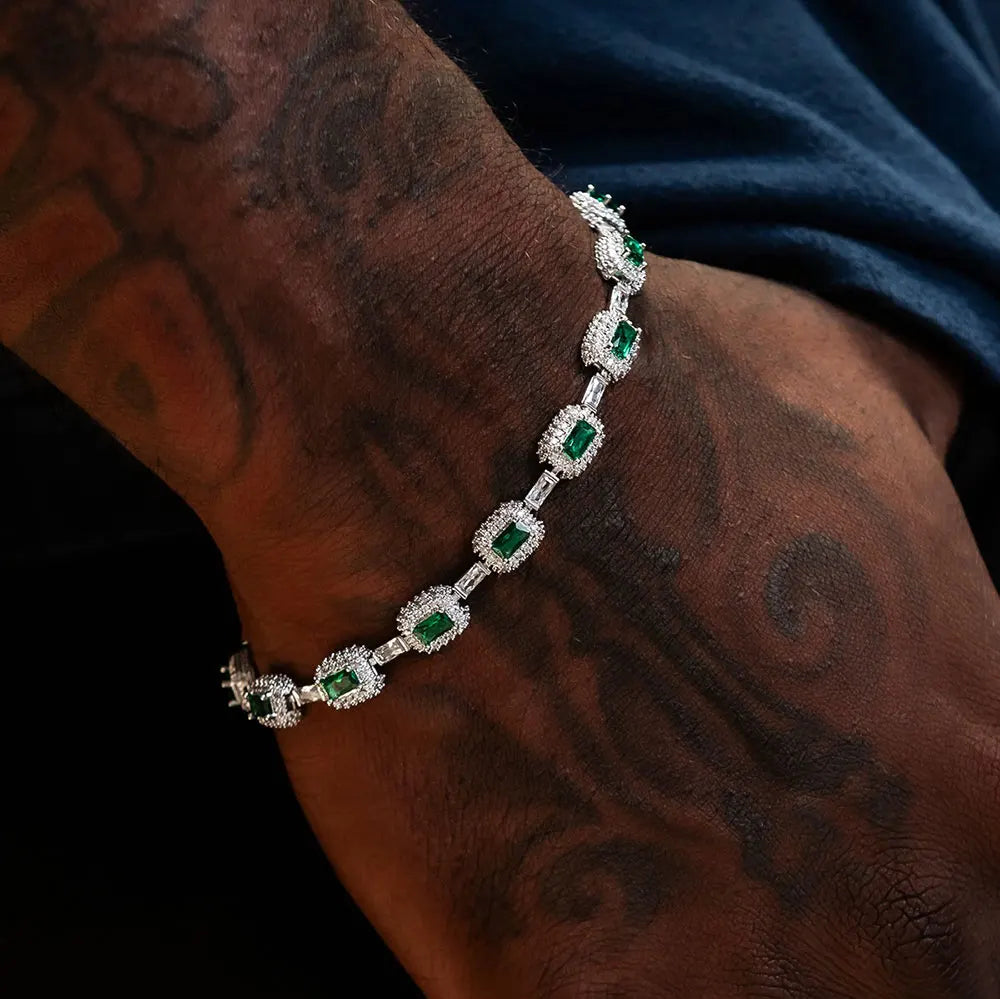 Gold Baguette Bracelet Iced Out Emerald Cushion