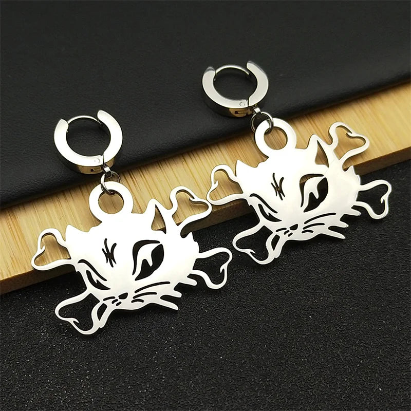 Cat Silver Earrings Vintage Head Bone Hoop Gothic