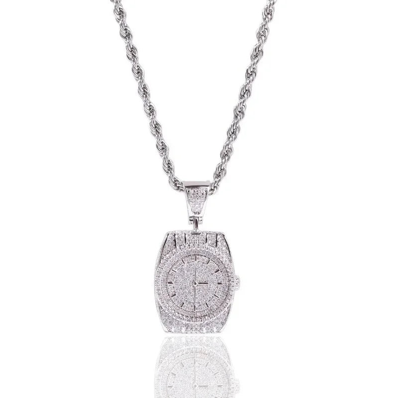 Zircon Watch Shape Pendant Necklace — Zinc Alloy