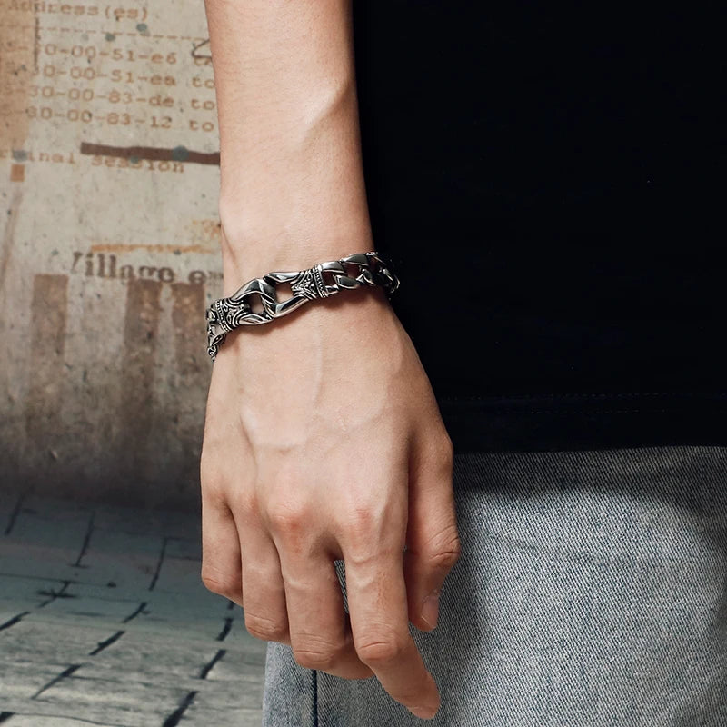Fongten 22.5cm Bracelet For Men Stainless Steel Cross Cuban Chain Male Bangle Bracelets Brushed Shiny Multiple Color