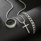 Cuban Cross Pendant Necklace Bracelet Ring Set — Stainless Steel