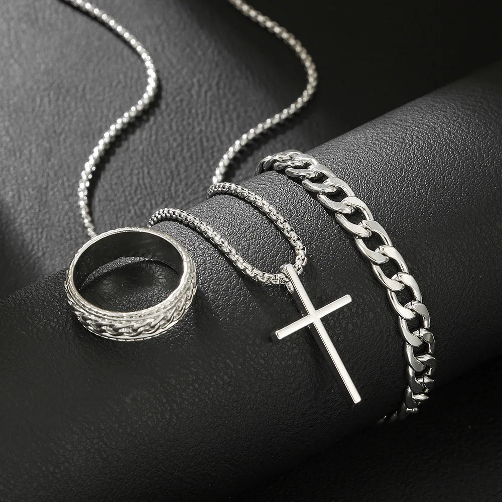 Cuban Cross Pendant Necklace Bracelet Ring Set — Stainless Steel