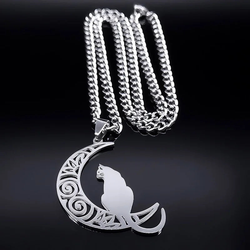 Wicca Moon Cat Choker — Stainless Steel