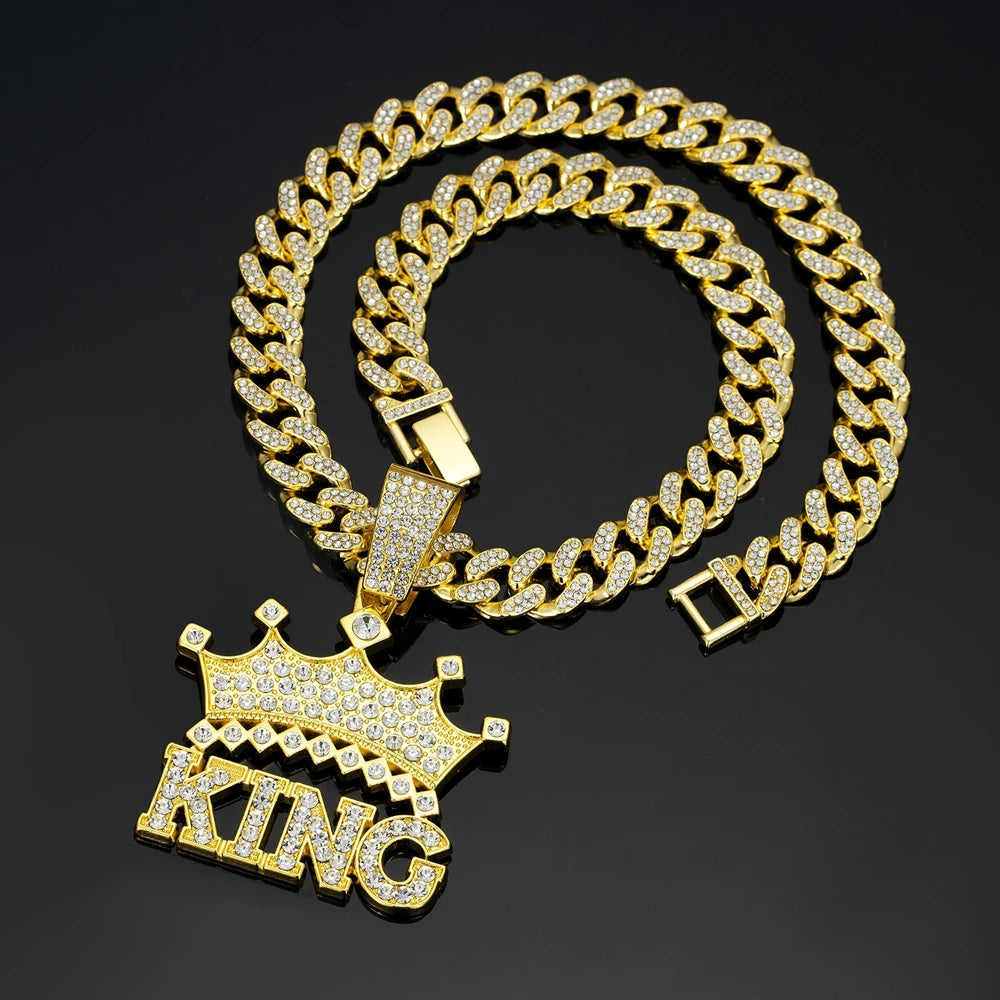 Men Hip Hop Crown with King Pendant Necklace with 13mm Crystal Cuban Chain HipHop Iced Out Bling Necklaces Fashion