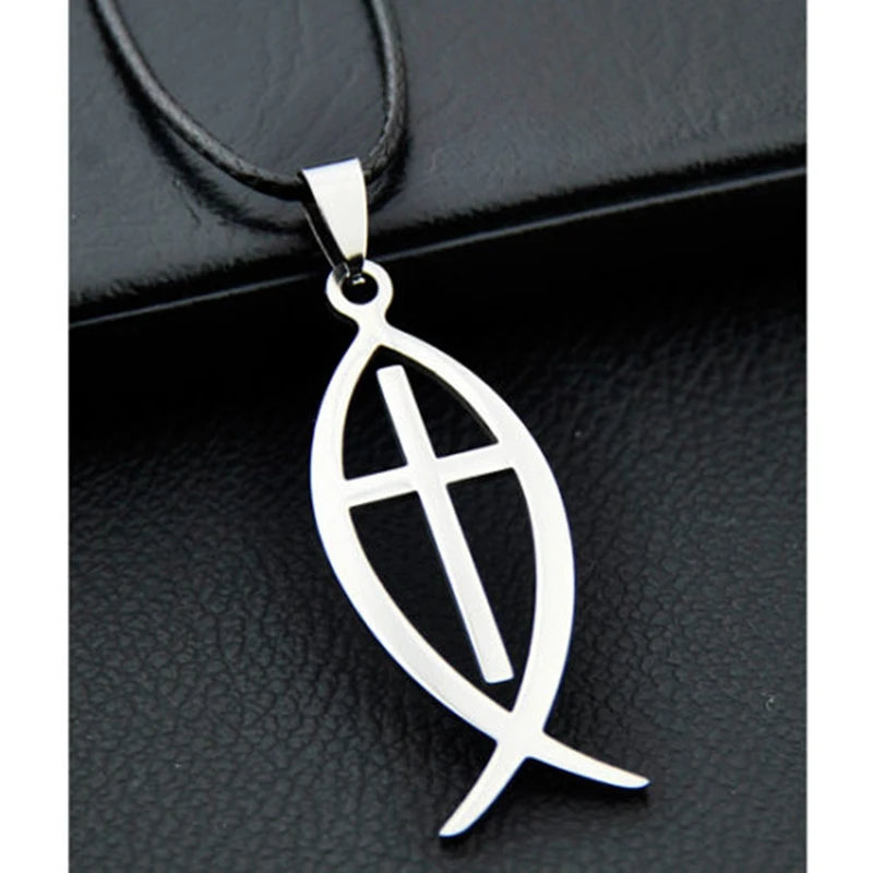 Jesus Cross Fish Pendant Necklace — Stainless Steel