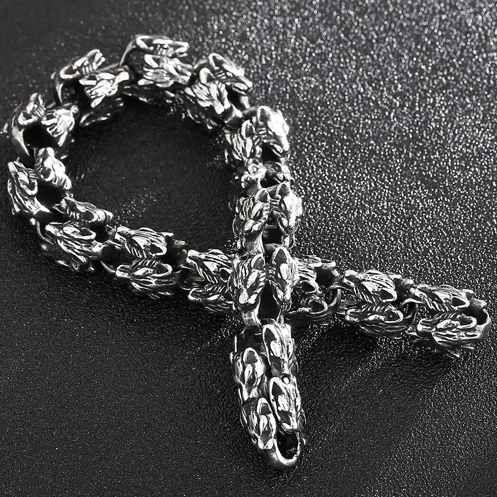 Gothic Stainless Steel Bracelets Man 12MM Wide Wolf Head Link Chain Bracelet for Men Wrist Strap Punk Nordic Viking