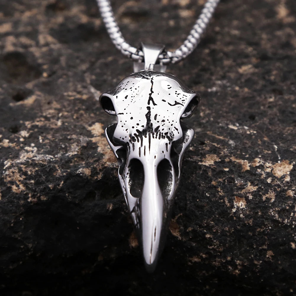 Vintage Nordic Odin Crow Skull Pendant Necklace for Men Stainless Steel Raven Skull Necklaces Pagan Amulet Jewelry