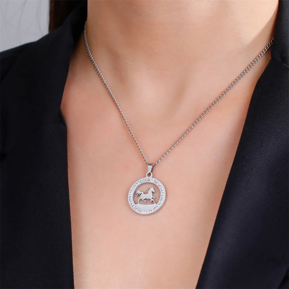 My Shape Running Horse Pendants Necklace Stainless Steel Rhinestone Pendant Necklaces Choker Chain Horse Lover Fashion Jewelry
