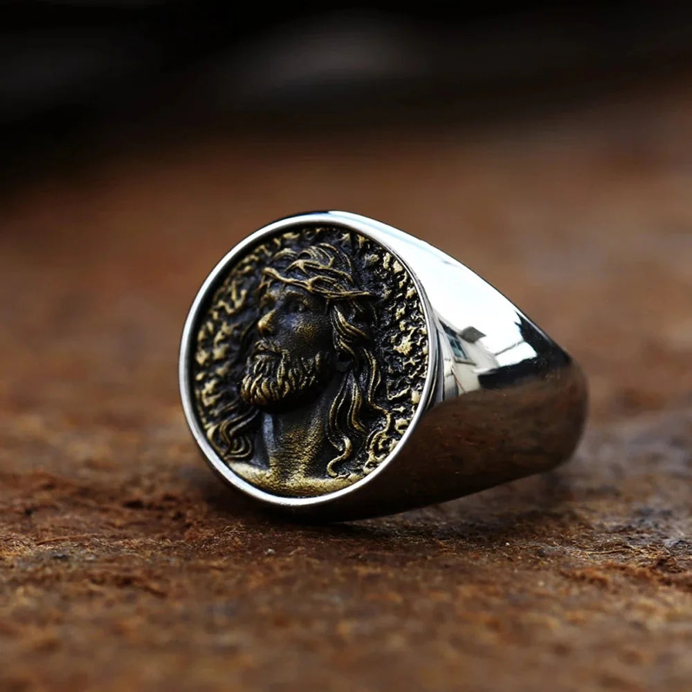 Jesus Face Signet Ring — Crown of Thorns, Stainless Steel