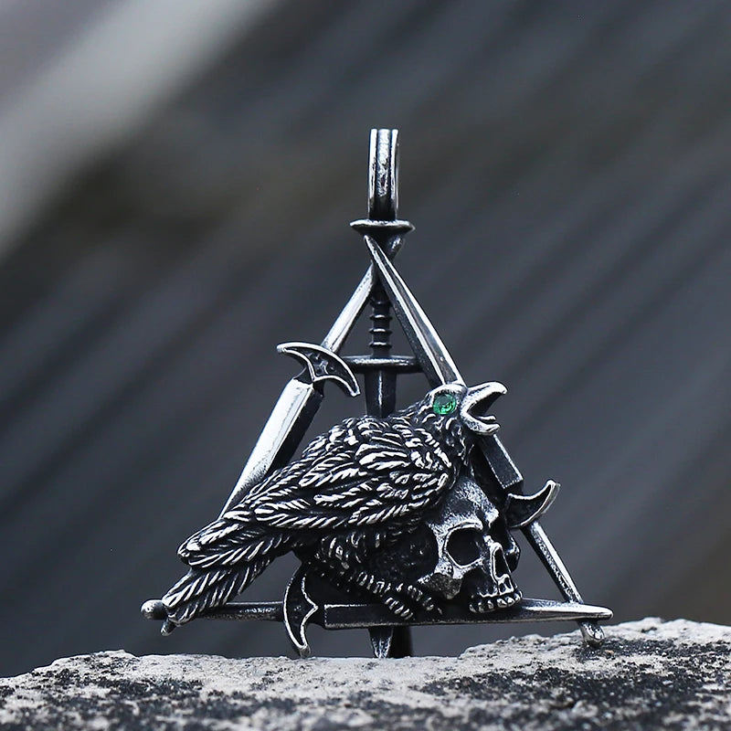 Gothic Bird & Skull Triangle Pendant — Green Eye, Stainless Steel