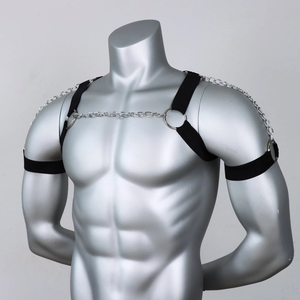 Black Punk Style Adjustable Tightness PU Metal Chain Half Harness Punk Belt Men Top Chest Suspender for Cosplay Party