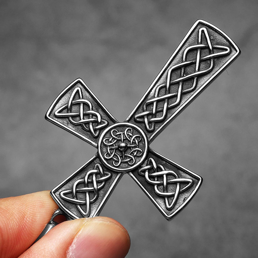 Carved Cross Pendant Necklace — Stainless Steel