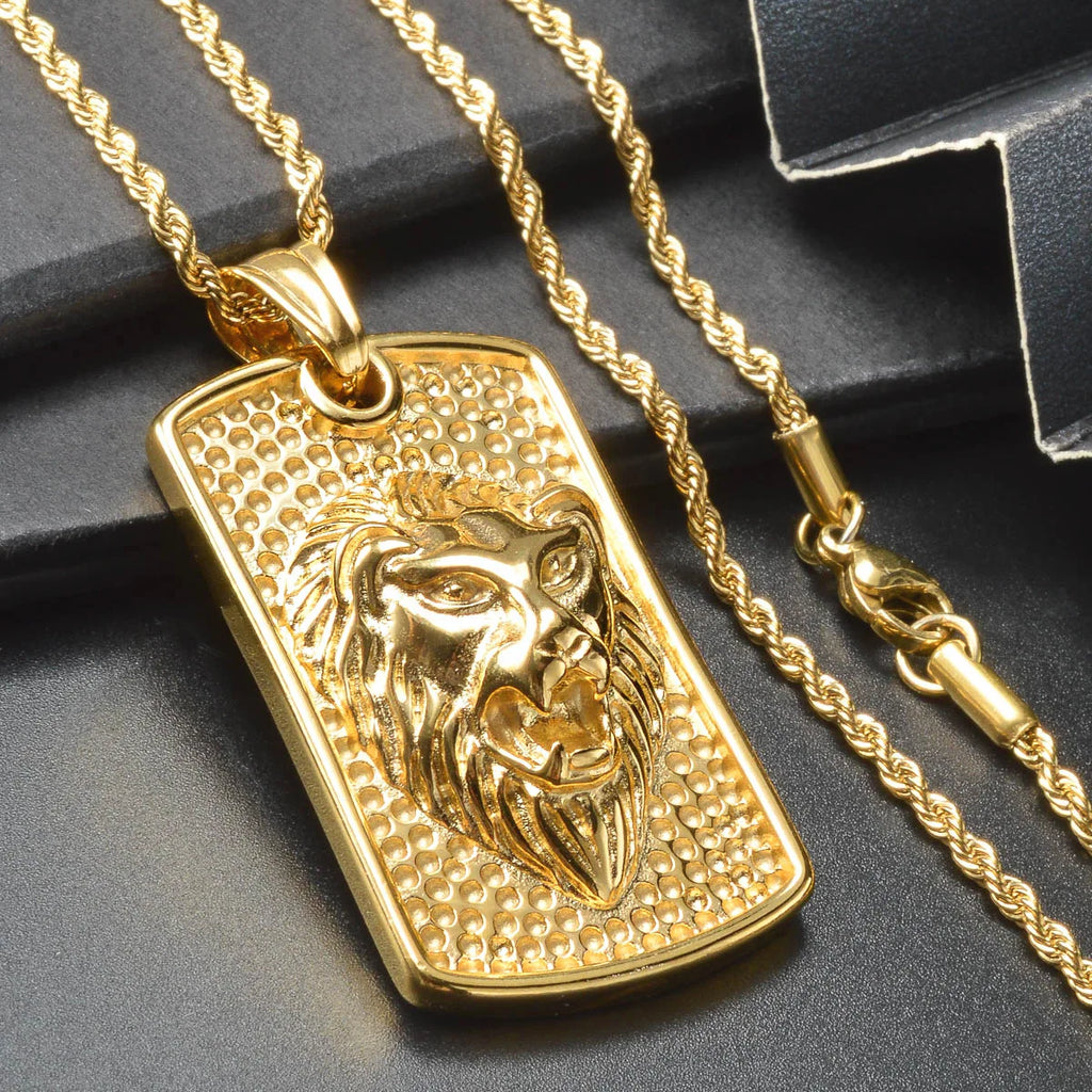 Luxury Men's Lion Tiger Square Pendant Necklace