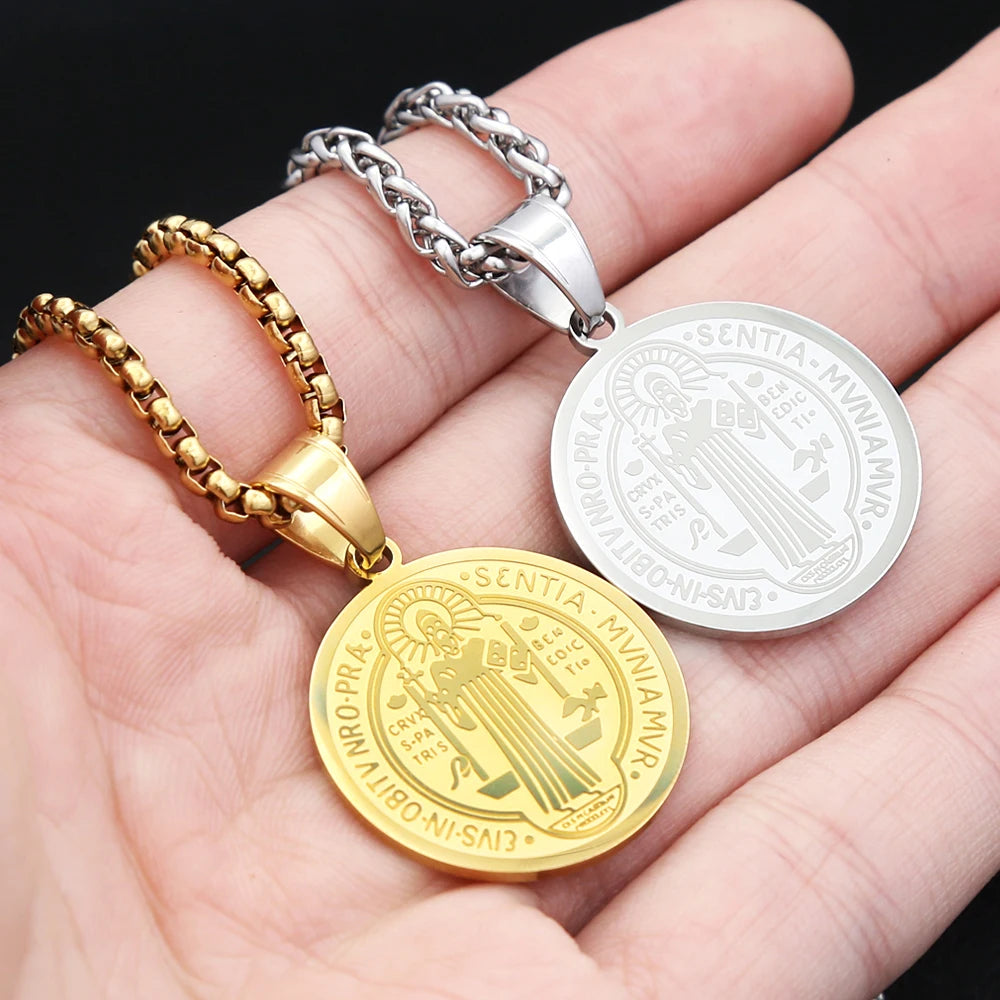 Catholic 316L Stainless Steel Saint Benedict Cross Pendant Necklaces For Men Women Religious Exorcism Prayer Jewelry