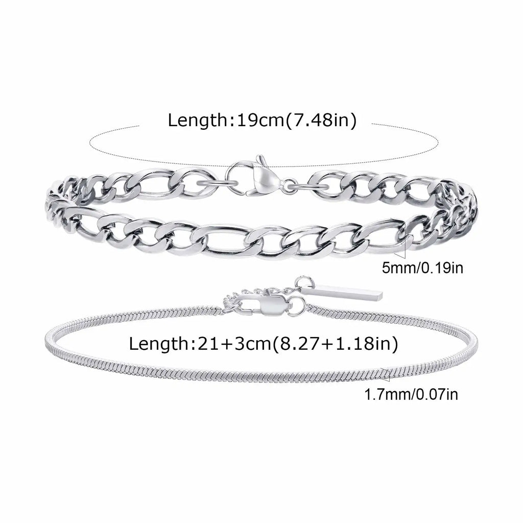 Vnox 2pcs/Set Cuban Figaro Rope Snake Chain Bracelet Set for Men Boys, Gold Black Silver Color Stainless Steel Wristband Jewelry