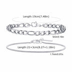Vnox 2pcs/Set Cuban Figaro Rope Snake Chain Bracelet Set for Men Boys, Gold Black Silver Color Stainless Steel Wristband Jewelry