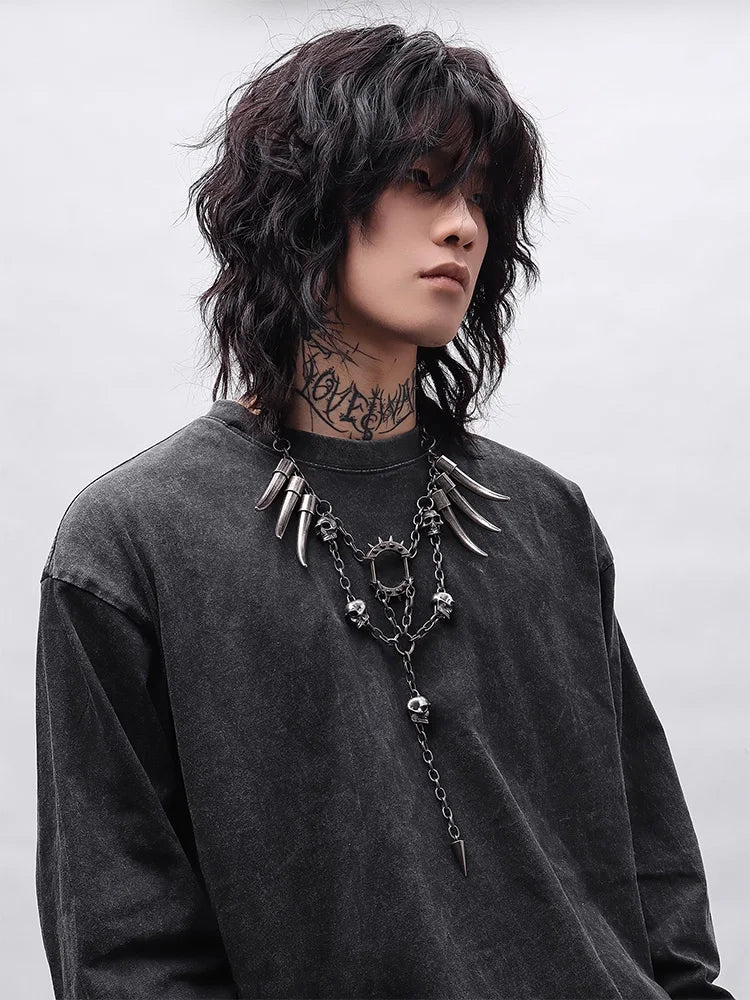 Studded Skull Pendant Necklace — Stainless Steel
