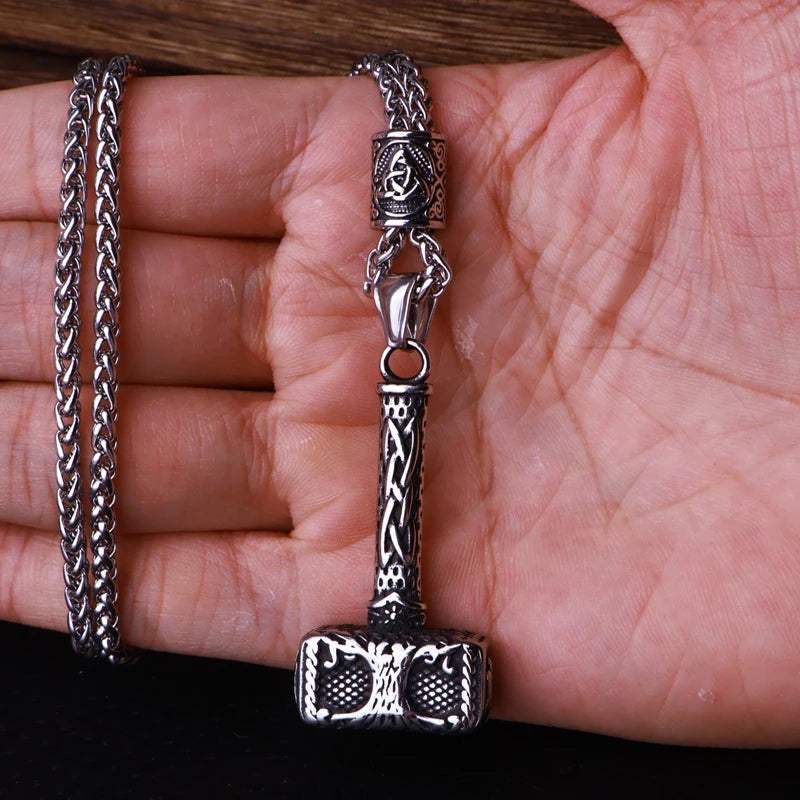Multi Style Beaded Viking Thor's Hammer Pendant Necklace Stainless Steel Necklace Men Biker Mjolnir Amulet Jewelry