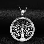 Iced Out Tree of Life Silver Necklace — Stainless Steel