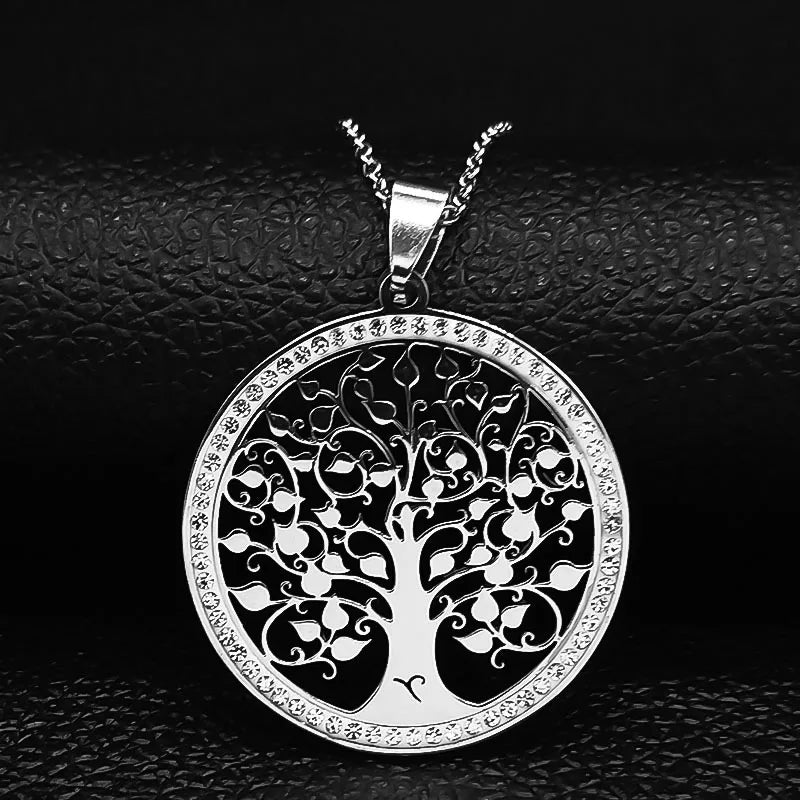 Iced Out Tree of Life Silver Necklace — Stainless Steel