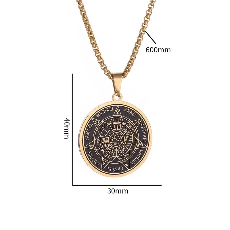 Stainless Steel Solomon Religious Seven Archangels Compass Pendant Necklace Men's Retro Lucky Amulet Jewelry