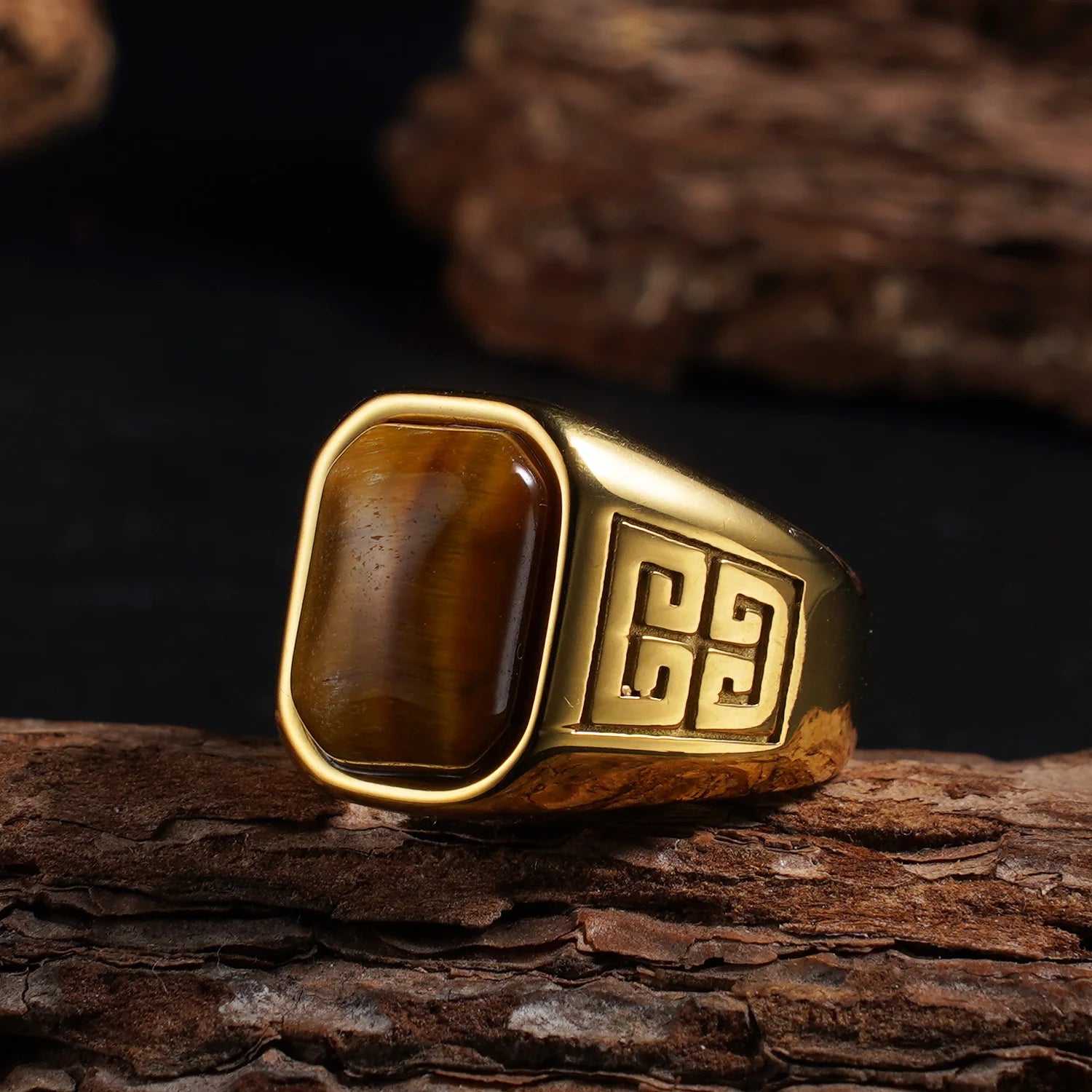 1pc Men's Vintage 316L Stainless Steel Ring with Natural Tiger's Eye Stone Intricate Detailing, Durable Unisex Jewelr