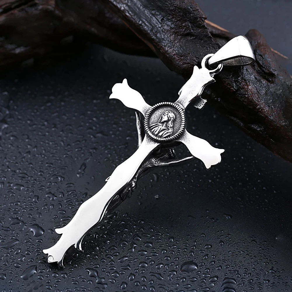 New Vintage Jesus Cross Pendant Necklace For Men Stainless Steel Punk Cross Religious Necklaces Fashion Amulet Jewelry